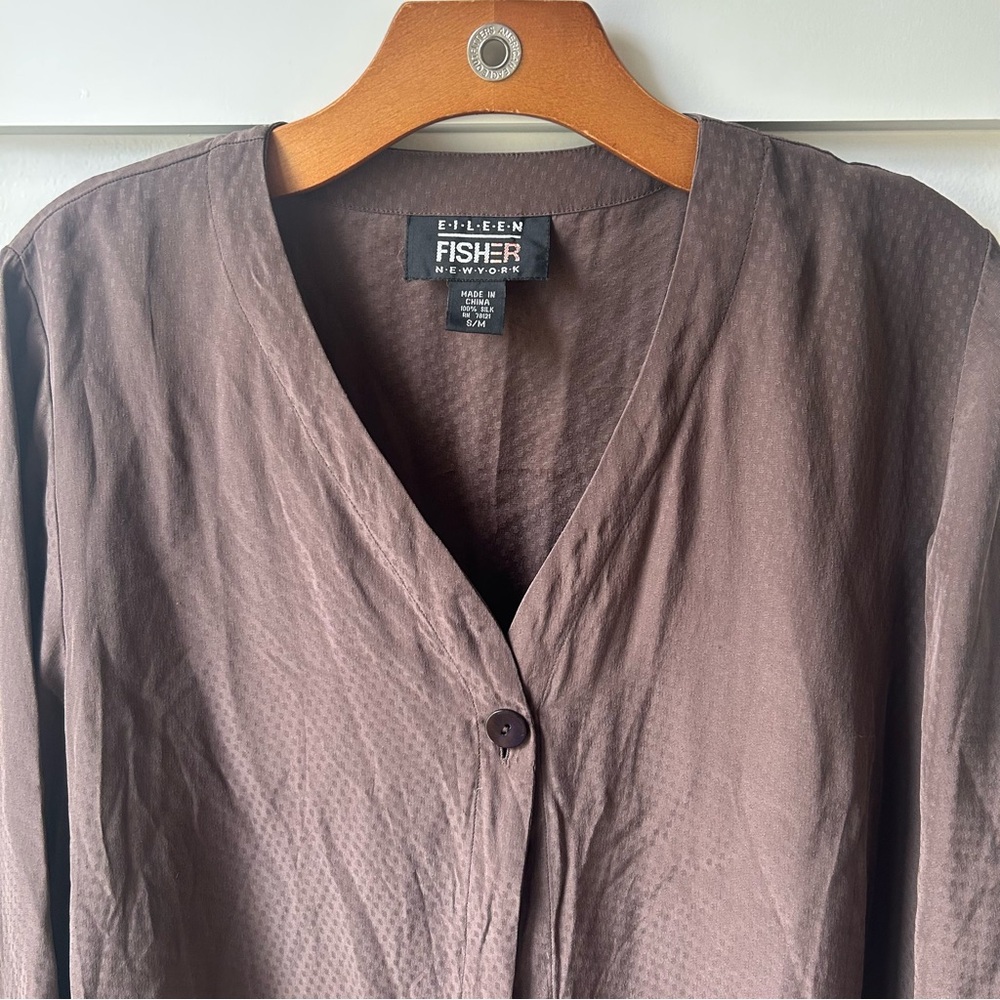 Vintage Eileen Fisher Women's Blouse 100% Silk Brown Single Button Small Medium - Picture 3 of 8